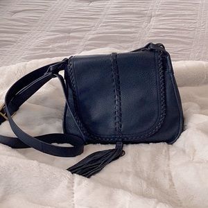 Crossbody Hobo brand leather, dusty blue purse, with tassel. EUC! Like new!